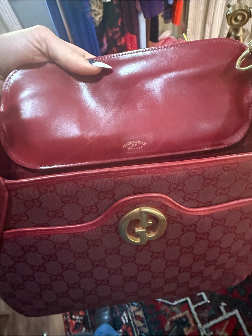 🇺🇸Vintage Gucci Red GG Monogram Canvas & Leather Shoulder Bag Italy - Picture 12 of 14